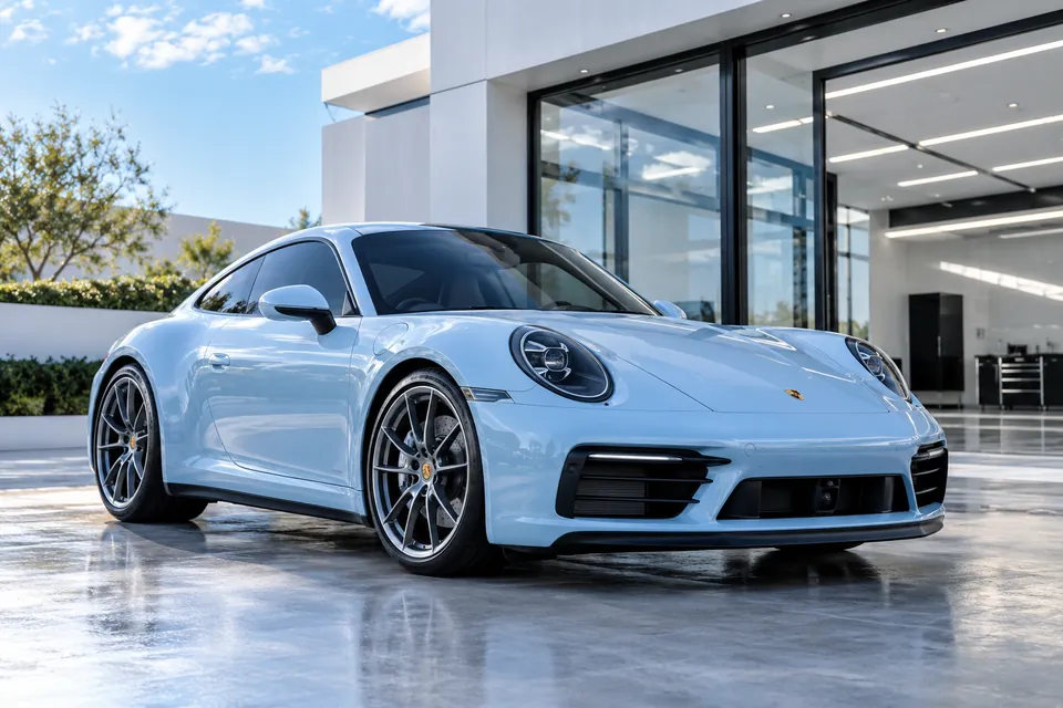 Light blue sports car with tinted windows