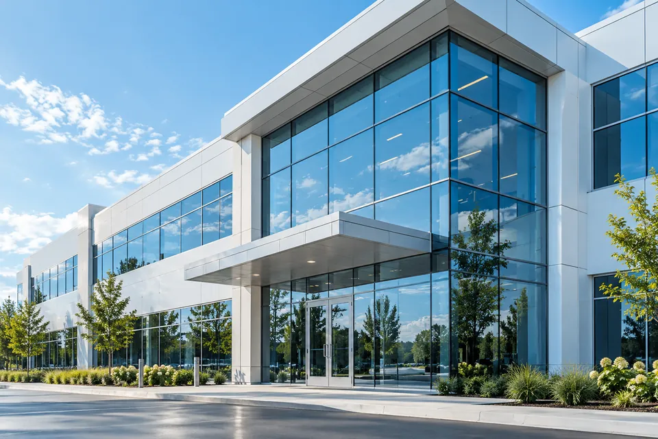 Office building with a glass curtain wall