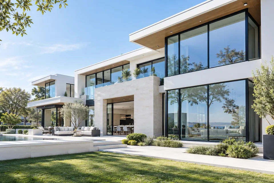 Modern home with large glass windows