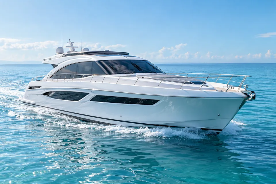 White yacht cruising on blue water