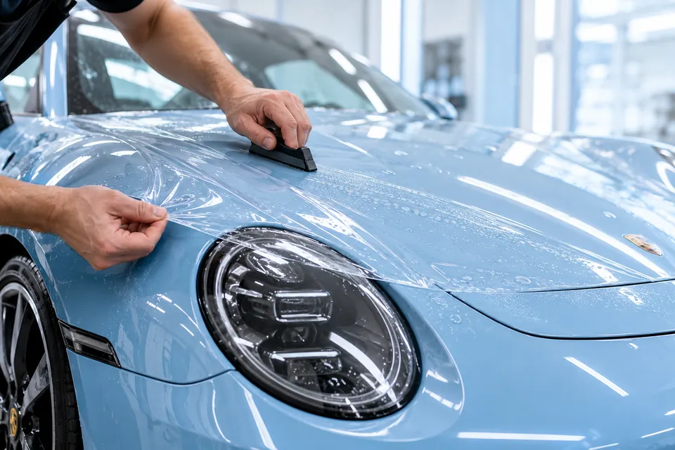 Installer applying clear paint protection film to a car hood